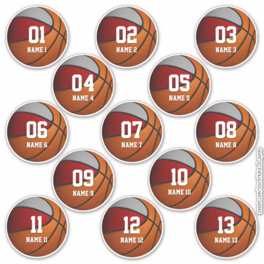 rode grijze set van 13 basketbal kinder teamcadeau sticker (Voorkant)