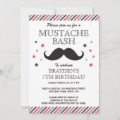 Rode grijze strepen mustache bash verjaardagsfeest kaart (Voorkant)