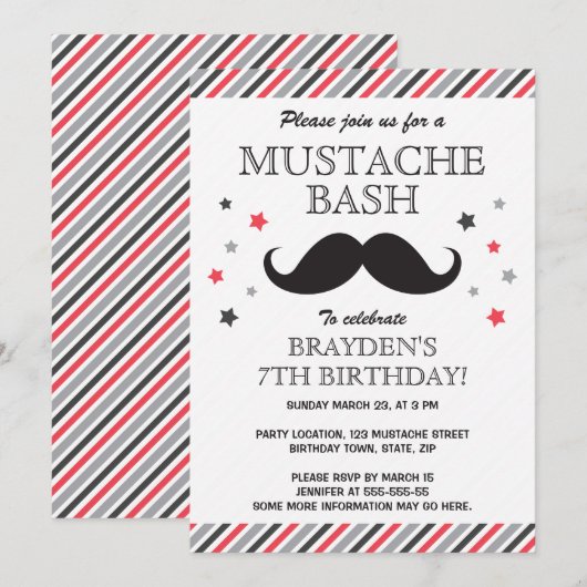Rode grijze strepen mustache bash verjaardagsfeest kaart (Voorkant / Achterkant)