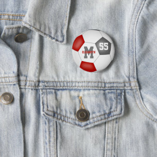 Rode grijze voetbalteam kleuren gepersonaliseerd ronde button 5,7 cm