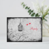 Rode, grijze vogelkooi onafscheidelijke duiven ant RSVP kaartje (Staand voorkant)