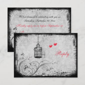 Rode, grijze vogelkooi onafscheidelijke duiven ant RSVP kaartje (Voorkant / Achterkant)