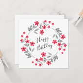 Rode grijze Waterverf Floral Wreath Kaart (Voorkant / Achterkant in situ)