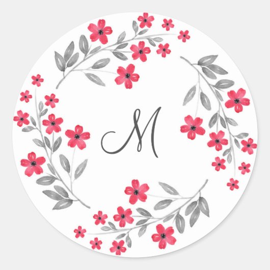 Rode grijze Waterverf Floral Wreath Ronde Sticker (Voorkant)
