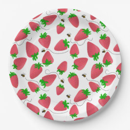 Rode grillige aardbeien achter bijen papieren bordje