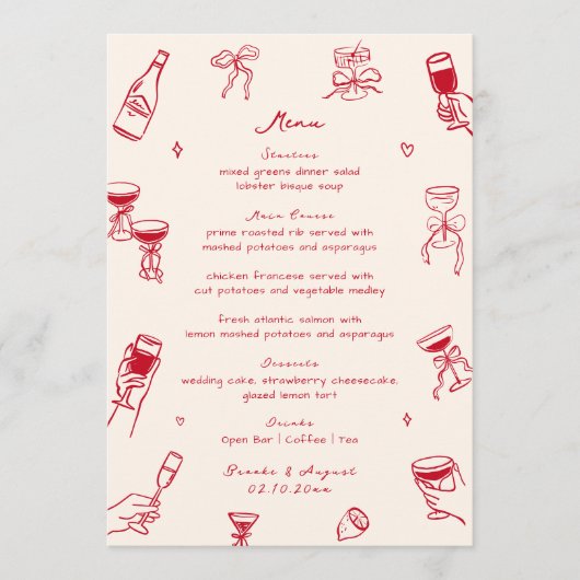 Rode grillige Doodle Hand getrokken bruiloft Menu (Voorkant)