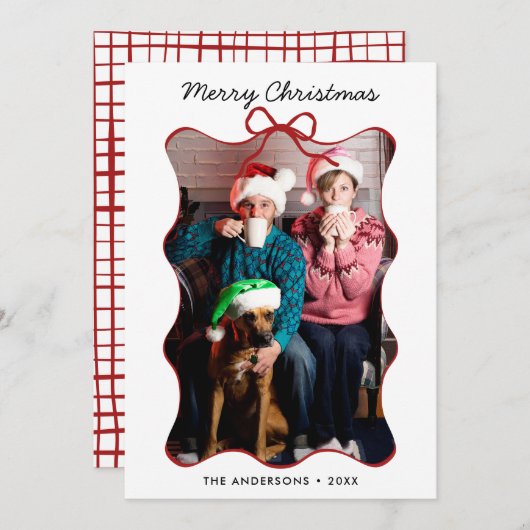 Rode grillige hand getekend Wavy Bow Lijst Kerst Feestdagenkaart (Voorkant / Achterkant)