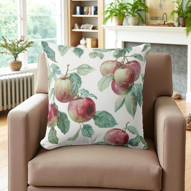 Rode Groene Appel Fruit Patroon Waterverf Rustiek  Kussen (Creator heeft geüpload)