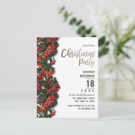 Rode groene bessen verlaat de winter kerstfeest uitnodiging briefkaart (Staand voorkant)