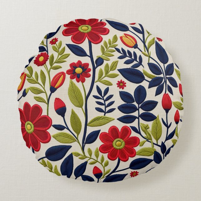 Rode, groene, blauwe en witte bloemen rond kussen (Voorkant)