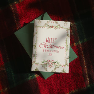 Rode Groene Bloem Boog Frame Prettig Kerstfeest Feestdagenkaart