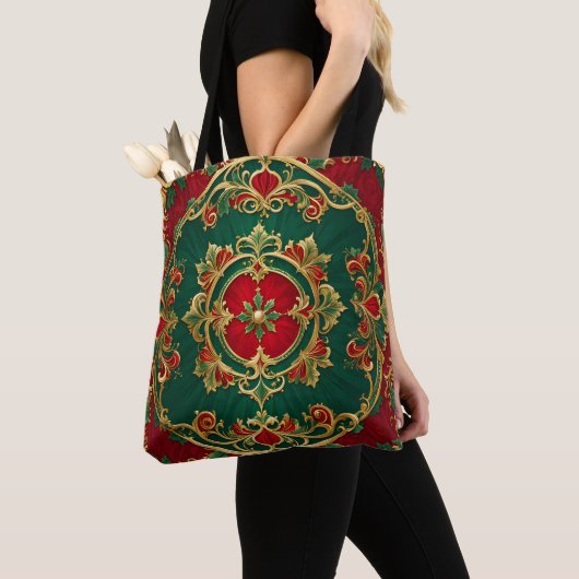 Rode Groene Bloemen Decoratieve Vakantie Canvas ta Tote Bag (Dichtbij)