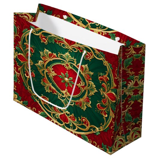 Rode Groene Bloemen Decoratieve Vakantie Gift Bag Groot Cadeauzakje (Voorkant Gekanteld)