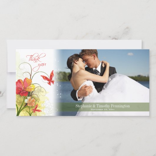 Rode groene bloemen en vlinderbruiloft bedankt (Voorkant)