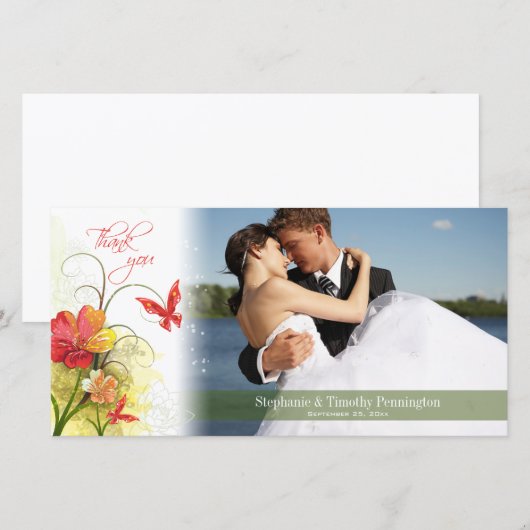 Rode groene bloemen en vlinderbruiloft bedankt (Voorkant / Achterkant)