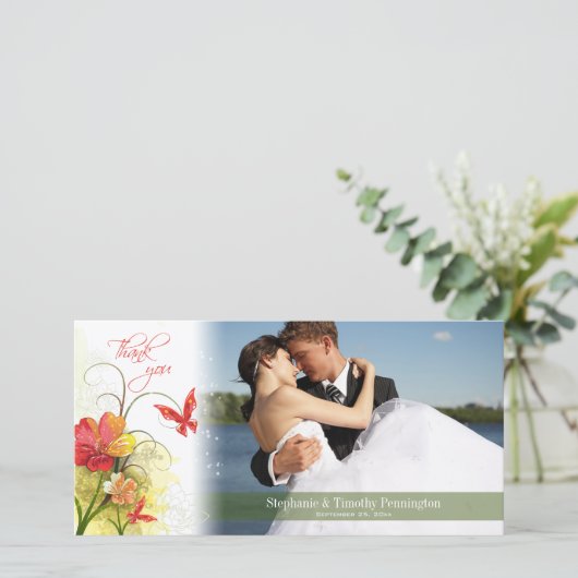 Rode groene bloemen en vlinderbruiloft bedankt (Staand voorkant)