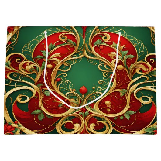 Rode Groene Bloemen Kerstvakantie Gift Bag Groot Cadeauzakje (Voorkant)