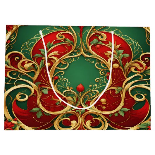 Rode Groene Bloemen Kerstvakantie Gift Bag Groot Cadeauzakje (Achterkant)