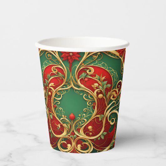 Rode Groene Bloemen Kerstvakantie Papier Cups Papieren Bekers (Voorkant)
