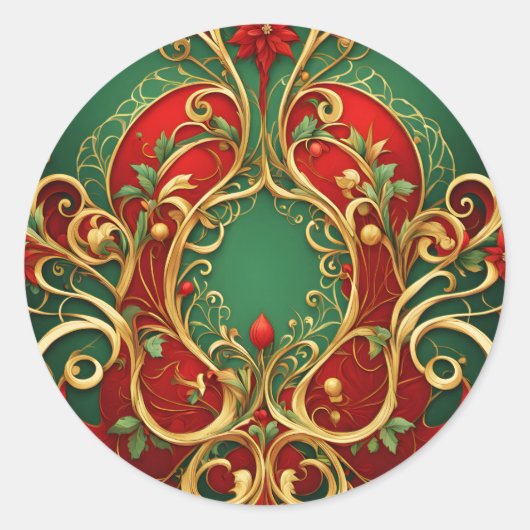 Rode Groene Bloemen Kerstvakantie Ronde Sticker (Voorkant)