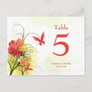 Rode groene bloemen + vlinder trouwtafel nummer briefkaart