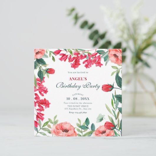 Rode groene bloemenkrans verjaardag kaart (Staand voorkant)