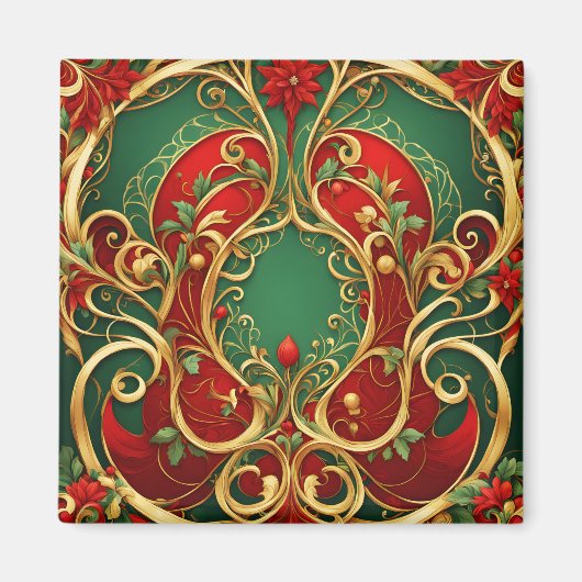Rode Groene Bloemige Kerst Vakantie Magneet (Voorkant)