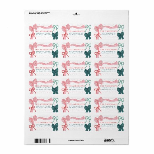 Rode & Groene Bogen Kerstvakantie Retouradres Etiket (Full Sheet)