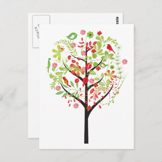 Rode groene boom en schattige vogeltjes briefkaart (Voorkant / Achterkant)