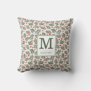 Rode groene botanische vakantie monogram naam kussen