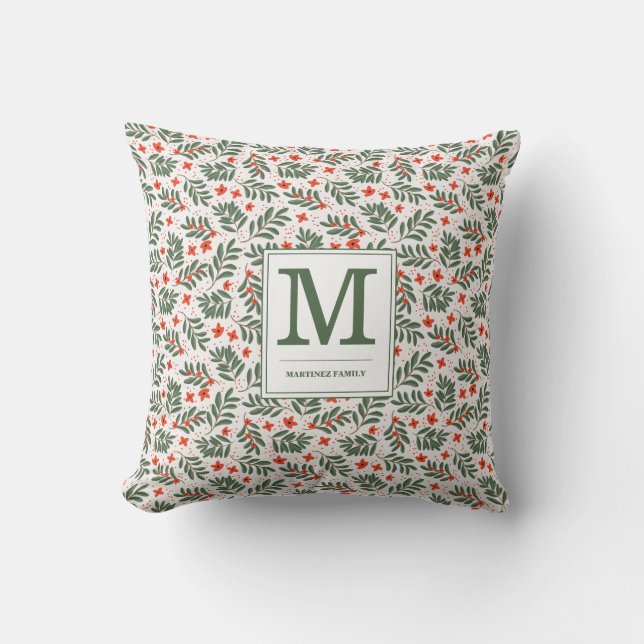 Rode groene botanische vakantie monogram naam kussen (Voorkant)