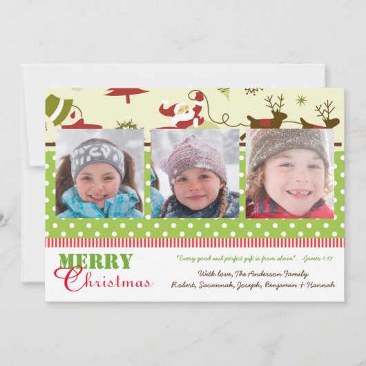 Rode, groene, bruine retro 3 foto's - kerstkaart (Voorkant)