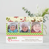 Rode, groene, bruine retro 3 foto's - kerstkaart (Staand voorkant)
