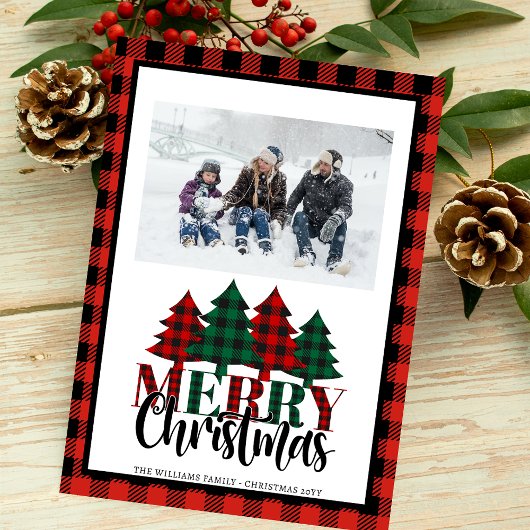 Rode & Groene Buffel Plaid Kerstboom Foto Feestdagenkaart
