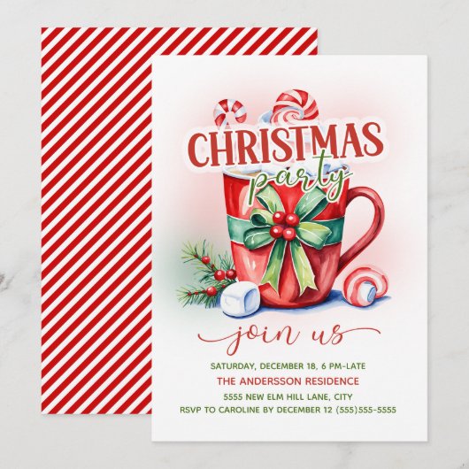 Rode groene candy cane warme chocolademelk kerstfe kaart (Voorkant / Achterkant)