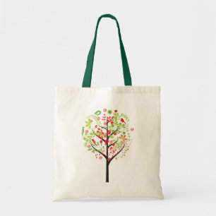 Rode groene canvas tas en schattige vogeltjes