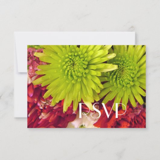 Rode, groene chrysanthemum bloemen RSVP kaart (Achterkant)