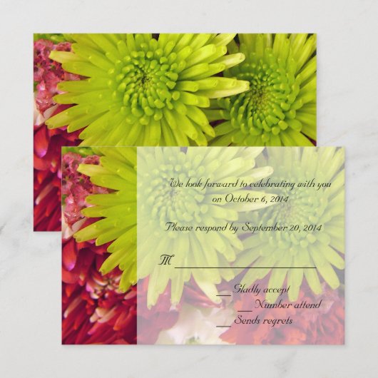 Rode, groene chrysanthemum bloemen RSVP kaart (Voorkant / Achterkant)