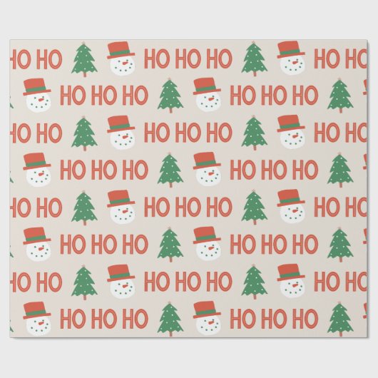 Rode Groene Crème Speelse Moderne Sneeuwman Boom Cadeaupapier (Vlak)