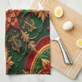 Rode groene decoratieve kerst keukenhanddoek (Quarter Fold)