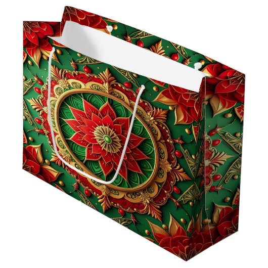 Rode groene decoratieve kerstcadeautas groot cadeauzakje (Voorkant Gekanteld)
