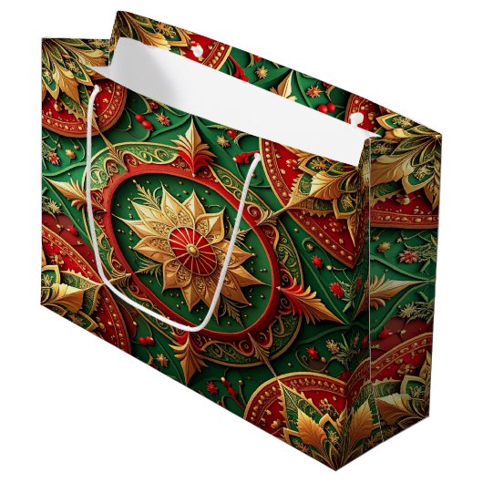 Rode groene decoratieve kerstcadeautas groot cadeauzakje (Voorkant Gekanteld)