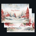 Rode groene dennenbomen Christmas Woodlands Inpakpapier Vel<br><div class="desc">Deze set van drie cadeaupapier vellen heeft vergelijkbare, maar niet dezelfde, waterverf vintage kersttaferelen van rustieke landhuizen, rode en groene pijnbomen en grillige versieringen in een boslandschap. Het script van "Merry Christmas" is te bewerken. U kunt vertrekken zoals het is, of een of meer wijzigen in een andere korte begroeting...</div>