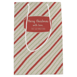 Rode, groene en beige strepen medium cadeauzakje