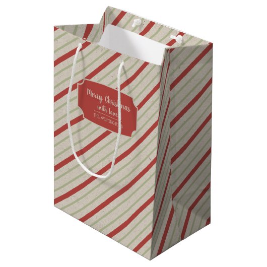 Rode, groene en beige strepen medium cadeauzakje (Voorkant Gekanteld)