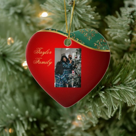 Rode, groene en Gold Ceramic Heart Photo Ornament (Boom)