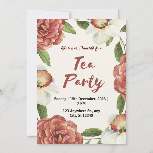Rode Groene en Witte Bloem Tea Party Uitnodiging (Voorkant)