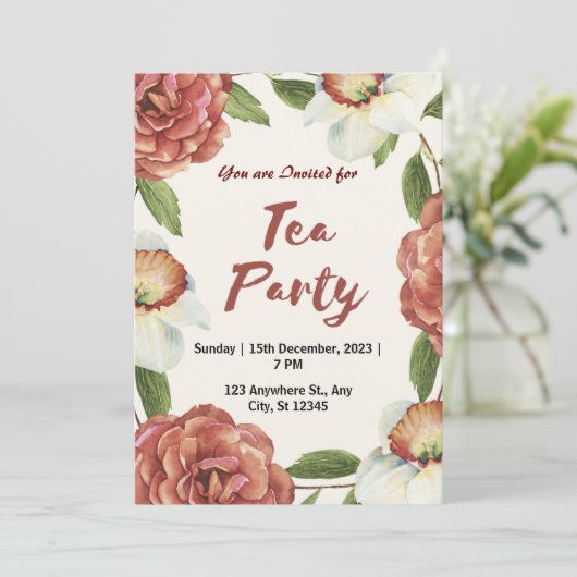 Rode Groene en Witte Bloem Tea Party Uitnodiging (Staand voorkant)