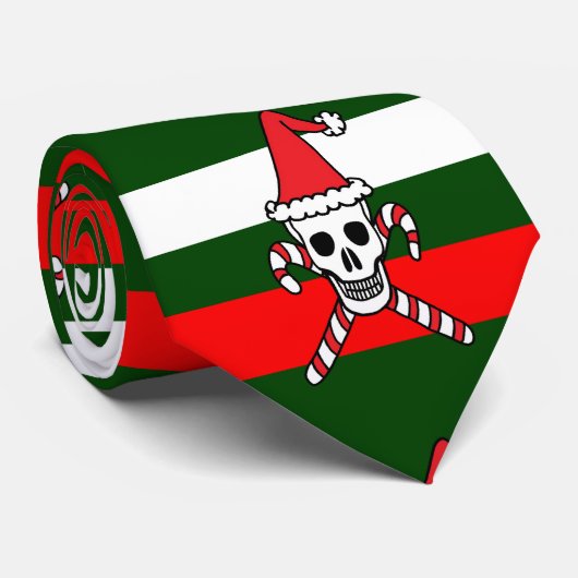 Rode, groene en witte strepen met kerstschedels stropdas (Opgerold)