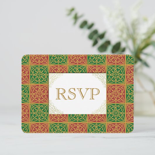 Rode Groene Fleur de Lis Aangepaste RSVP-kaart RSVP Kaartje (Staand voorkant)
